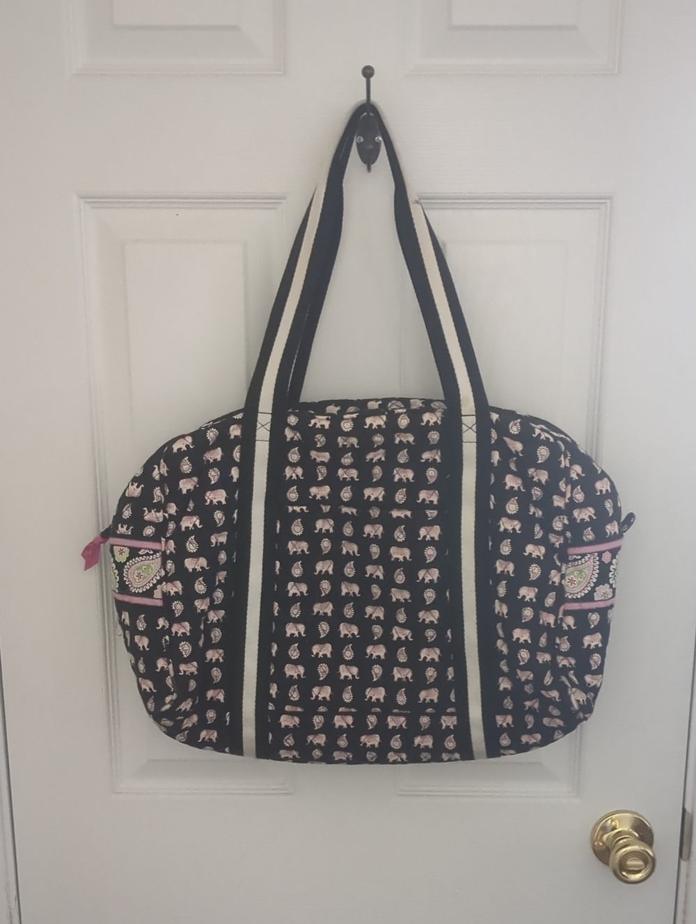 Vera Bradley Black Tote Bag with Pink Elephant Pattern and Striped Handles